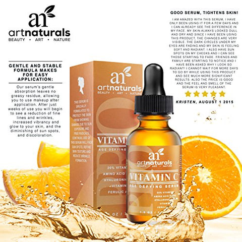 ArtNaturals Enhanced Vitamin C Serum with Hyaluronic Acid 1 Oz - Top Anti Wrinkle, Anti Aging & Repairs Dark Circles, Fades age spots & Sun Damage - 20% Vitamin C Super Strength - Organic ingredients