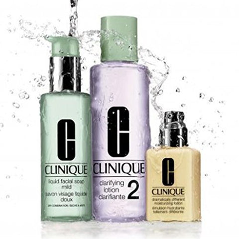 Clinique 3 Steps system for Dry / Dry Combination Skin Set: dramatically moisturizing Lotion 4.2 oz / 125 ml + Clarifying Lotion 2 13.5 oz / 400 ml + Liquid Facial Soap Mild 6.7 oz / 200 ml