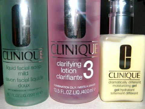 Clinique 3 Steps system for Oily / Oily Combination Skin Set: dramatically moisturizing Gel 4.2 oz / 125 ml + Clarifying Lotion 3 13.5 oz / 400 ml + Liquid Facial Soap Oily Skinild 6.7 oz / 200 ml