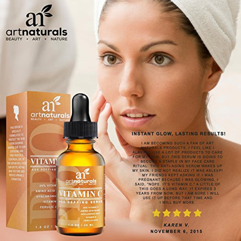 ArtNaturals Enhanced Vitamin C Serum with Hyaluronic Acid 1 Oz - Top Anti Wrinkle, Anti Aging & Repairs Dark Circles, Fades age spots & Sun Damage - 20% Vitamin C Super Strength - Organic ingredients