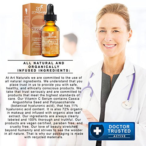 ArtNaturals Enhanced Vitamin C Serum with Hyaluronic Acid 1 Oz - Top Anti Wrinkle, Anti Aging & Repairs Dark Circles, Fades age spots & Sun Damage - 20% Vitamin C Super Strength - Organic ingredients