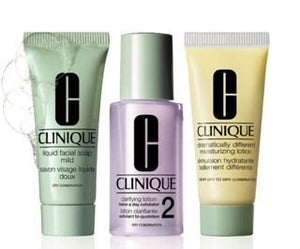 Clinique 3 Steps Travel Size Set for Very Dry to Dry Combination Skin, Liquid Facial Soap Mild (1 oz) + Clarifying Lotion 2 (1 oz) + Dramatically Different Moisturizing Lotion (1 oz)