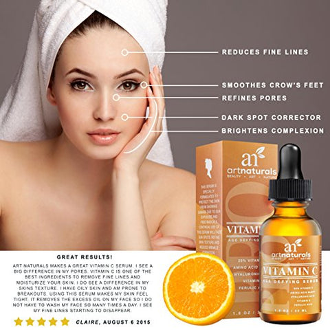 ArtNaturals Enhanced Vitamin C Serum with Hyaluronic Acid 1 Oz - Top Anti Wrinkle, Anti Aging & Repairs Dark Circles, Fades age spots & Sun Damage - 20% Vitamin C Super Strength - Organic ingredients