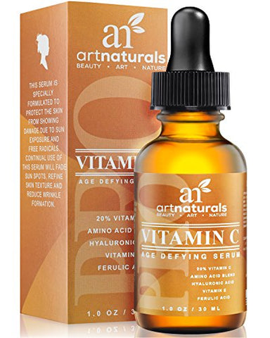 ArtNaturals Enhanced Vitamin C Serum with Hyaluronic Acid 1 Oz - Top Anti Wrinkle, Anti Aging & Repairs Dark Circles, Fades age spots & Sun Damage - 20% Vitamin C Super Strength - Organic ingredients